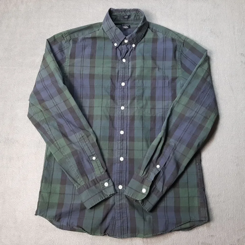 J Crew Shirt Mens Medium Black Green Blue Flex Washed Tartan Plaid Black Watch